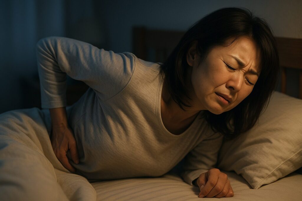 夜間痛に悩む40代女性がベッドで腰を押さえている様子(福岡市西区/整体/レッドフラッグ)