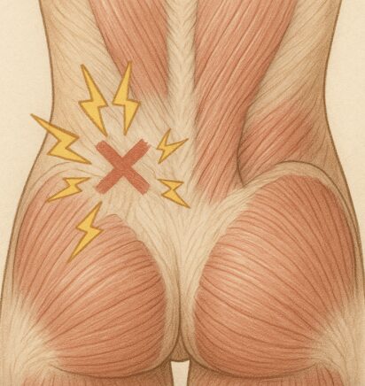 筋・筋膜性腰痛の原因となる筋肉と筋膜の滑走障害を示した医学的イラスト