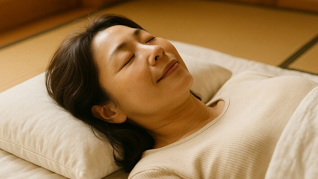 福岡市西区で不眠に悩む40代女性が整体後、安心して眠りにつく様子