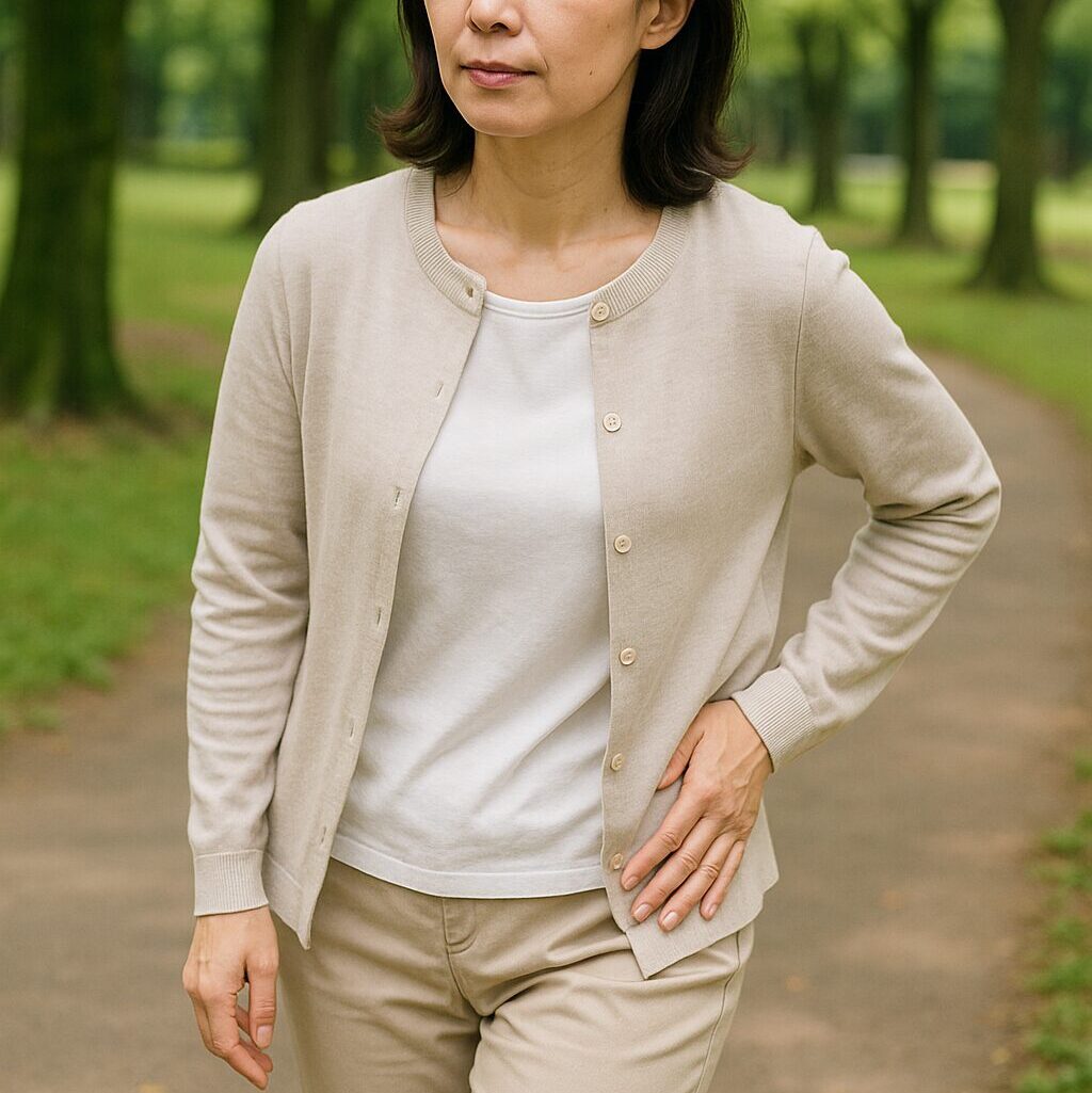 福岡市西区の公園を歩く50代女性が、臼蓋形成不全による股関節の違和感を気にして腰に手を当てている様子。