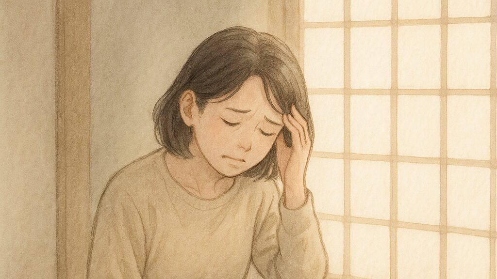 福岡市西区でストレスに悩む40代女性が整体を受ける前のイメージイラスト。和室で静かに一人座る様子