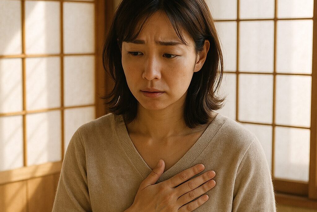 動悸の不安に悩む40代日本人女性が和室で胸に手を当てて座っている様子。福岡市西区で動悸に整体が必要な女性のイメージ