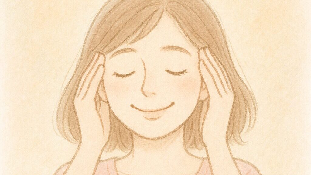 慢性的な緊張型頭痛から解放され、安心した表情の女性(イラスト調)