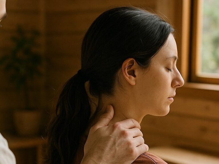 セラピストが呼吸と動悸の安定を目的に胸と首をやさしく触診している整体施術中の様子。福岡市西区の整体院での動悸ケア