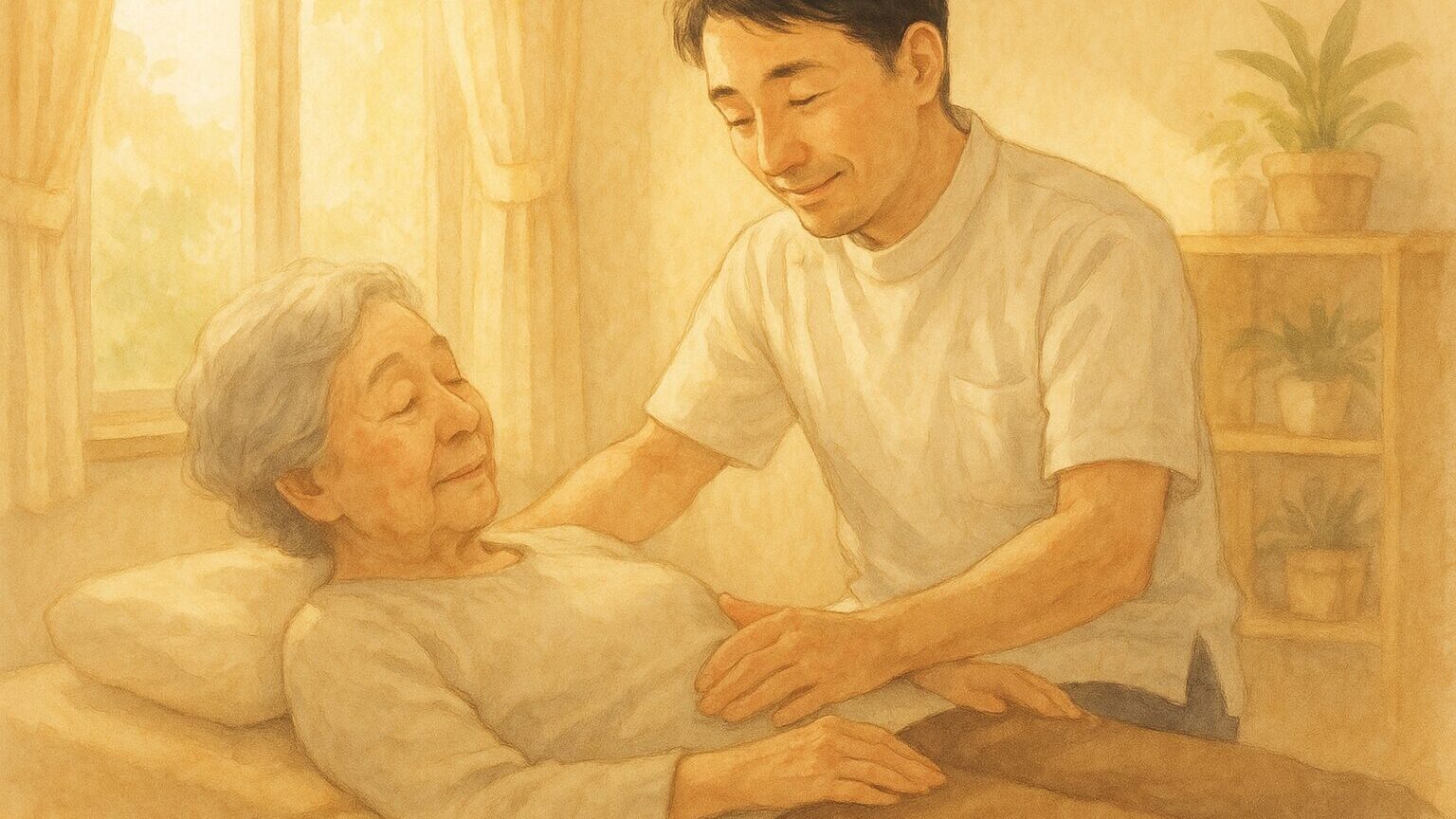 福岡市西区で信頼される整体師が、優しく高齢女性に施術を行う様子。仁術としての整体の信念を表現。