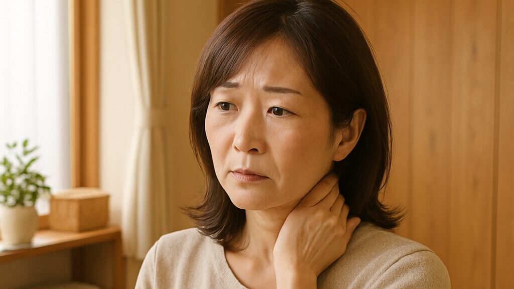 福岡市西区で交通事故後の首の痛みに悩む40代女性が整体院で施術を受けている様子