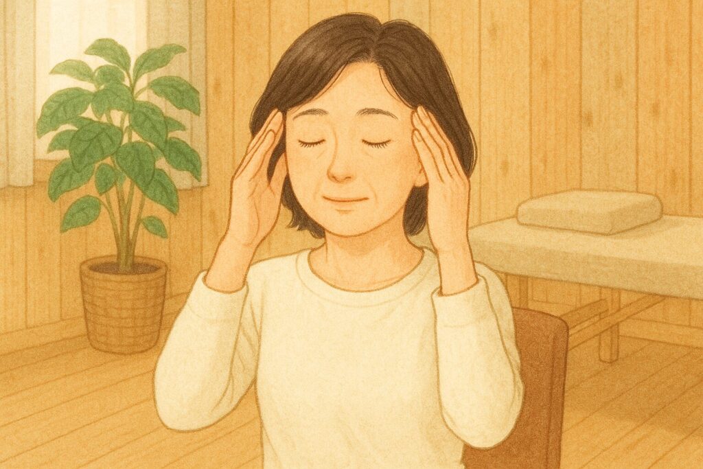 めまいで悩む女性が穏やかな表情でリラックスしている整体院内の様子