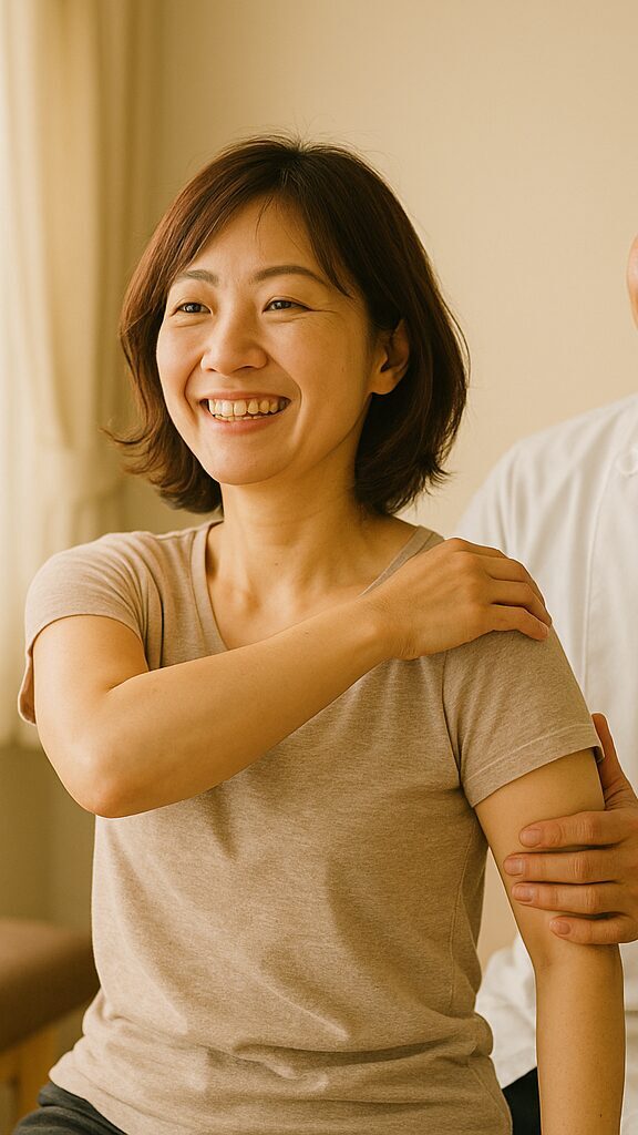 肩を回して変化を実感する五十肩の女性と、それを見守る施術者。結果が出る整体の安心感を伝える構図。