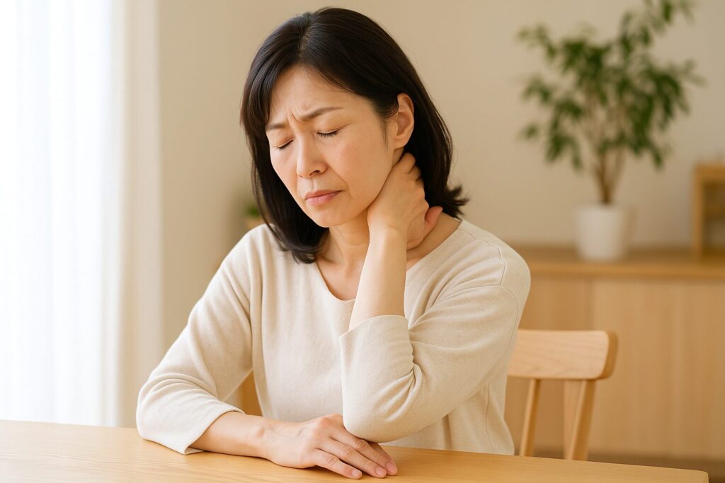 首の痛みで悩む40代の日本人女性が、福岡市西区の整体院で相談している様子