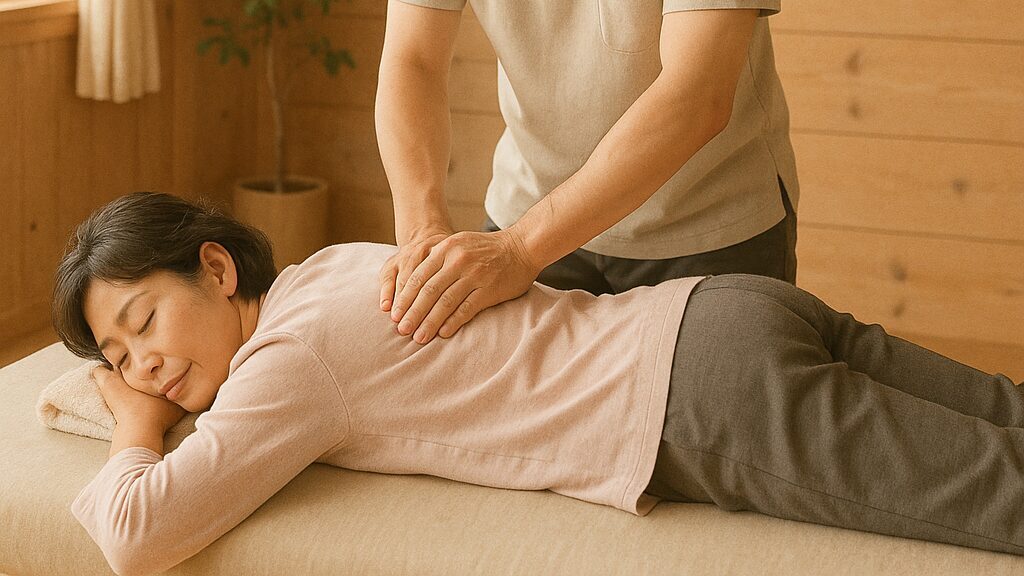 椎間関節性腰痛に対してセラピストがやさしく腰部の調整を行っている福岡市西区の整体院の施術風景。